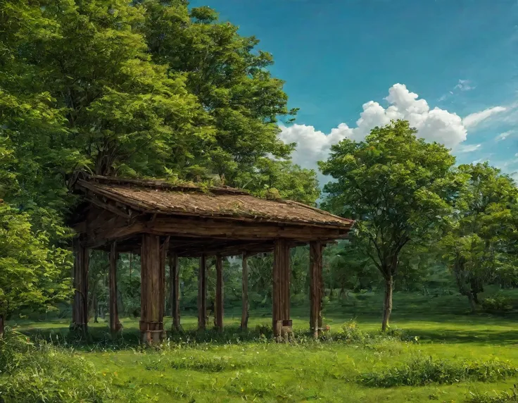 gigantic green meadow with trees on the sides, an azure blue sky with white clouds. in the middle of the scene, il y a une maiso...