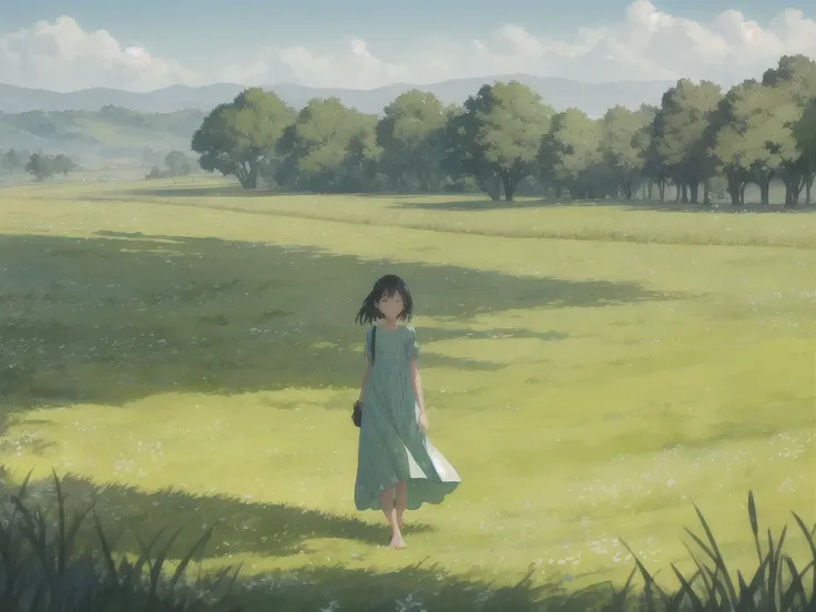 On the grassland that stretches into the distance１A girl is walking.Wear a liberating dress．Barefoot and empty-handed, she just walks．Walking absentmindedly, blending into the grassland．
break、The green grassland continues、The wind sways the grass like oce...