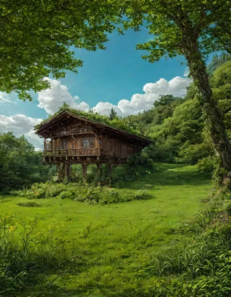 gigantic green meadow with trees on the sides, an azure blue sky with white clouds. in the middle of the scene, il y a une maiso...