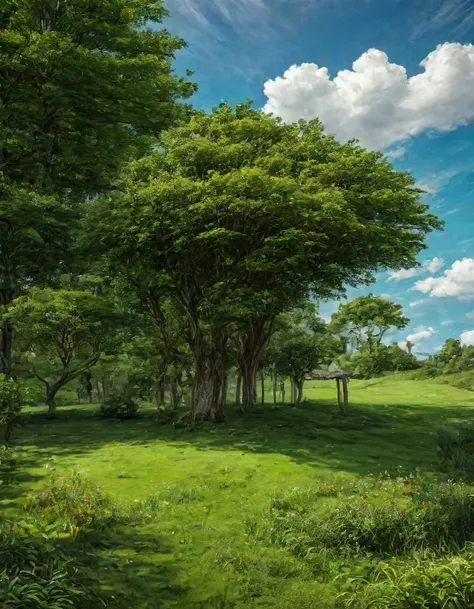 gigantic green meadow with trees on the sides, an azure blue sky with white clouds. in the middle of the scene, il y a une maiso...