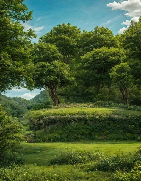 gigantic green meadow with trees on the sides, an azure blue sky with white clouds. in the middle of the scene, il y a une maiso...