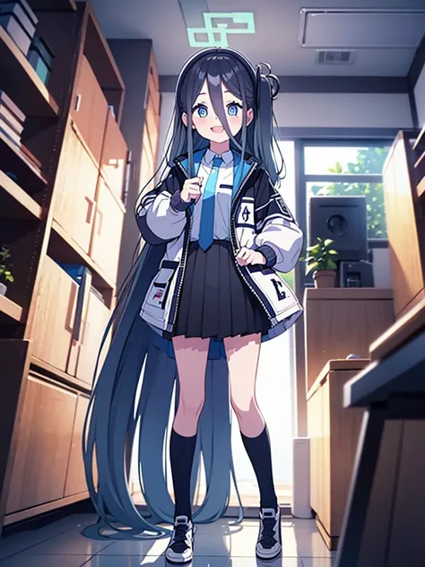 masterpiece, hd, 2d, alice, black hair, blue eyes, long hair, wear gaming jacket  black and blue , standing, indoor, smile, happ...