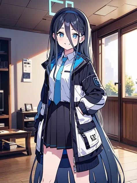 masterpiece, hd, 2d, alice, black hair, blue eyes, long hair, wear gaming jacket  black and blue , standing, indoor, smile, happ...