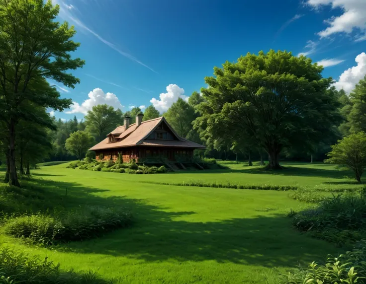 gigantic green meadow with trees on the sides, an azure blue sky with white clouds. in the middle of the scene, il y a une maiso...