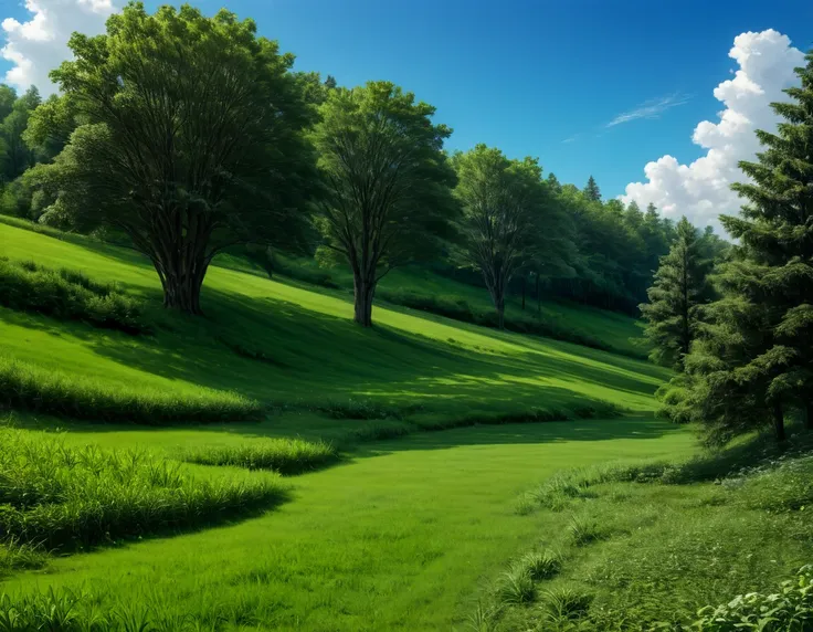 gigantic green meadow with trees on the sides, an azure blue sky with white clouds. in the middle of the scene, il y a une maiso...