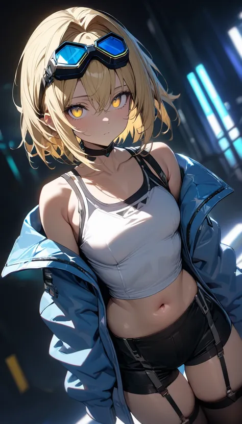 a handsome girl, solo, blond hair,  hair intakes, yellow eyes,(bright eyes:1.2), cyber punk light blue jacket, white tank top, goggles on head, [navel], off shoulder, open jacket, black shorts, garter rings, expressionless, blurry background, perfect light...