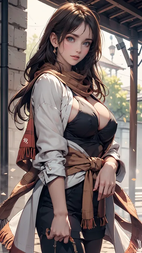 24 year old Caucasian female、Sexy proportions、Sexy、Breasts protruding forward（Rocket Boobs)、Female Ninja(scarf、Jacket、Hakama、Hand guard、stumbling、tabi、Straw sandals)