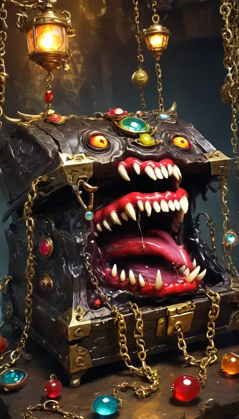 (masterpiece, best quality:1.2), dark，Fear，imitate，Suspension，Mimic，Treasure Box Monster，Weird tongue and nasty teeth. Scattered jewelry,Greedy should be open, Reveals a big, 