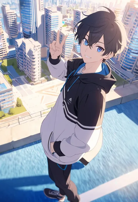 masterpiece,best quality,depth of field,8K,looking at the viewer,,I made a V with my hands,running shoes,black hair,blue eyes,afternoon,man,hands in pockets,smiling,alone,Handsome,(charismatic eyes 1:1),wseifuku,Black jacket over white hoodie,hooded,Future...