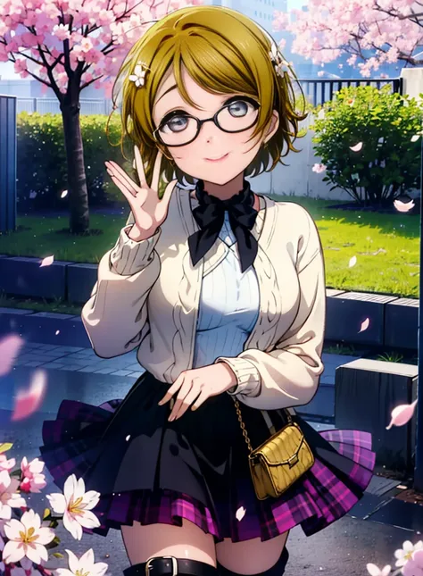 hanayo koizumi, hanayo　Koizumi, short hair, Brown Hair, Purple eyes,Big Breasts,Black-rimmed glasses,sweater,Long skirt,Mini Boots,Cherry blossoms are blooming,Cherry blossoms are scattered,Cherry blossom tree-lined path,happy smile, smile, Open your mouth...