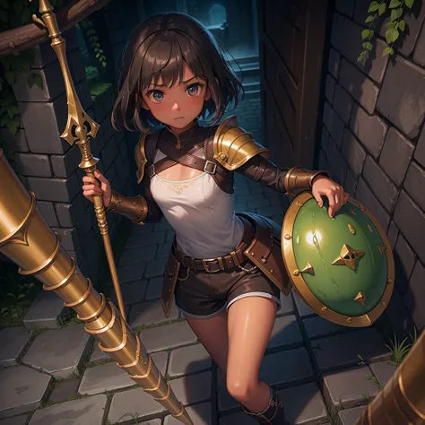 最high quality、high quality、Simple Cloth Armor、１０Year-old girl adventurer、Descend the maze stairs、brown shorts、Equipped with a dagger and a shield、In a dark maze、The body is being swallowed by slime