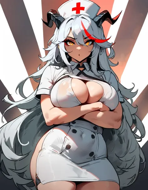 1girl, aegir (azur lane), azur lane  masterpiece, best quality, very aesthetic, absurdres, newest  sportive body,   by nyantcha,,by cutesexyrobutts,by khyle ///// white hair with a single prominent red streak, black horns, yellow eyes,  , white (nurse outf...