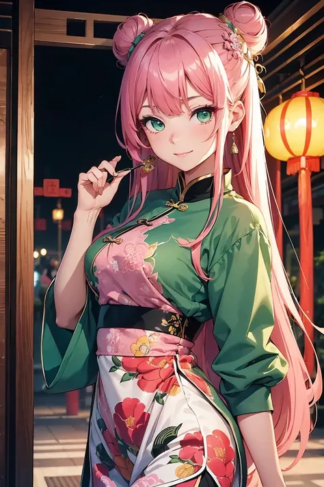 ((1 girl)), China dress, Latest Fashion Trends ,Close one eye, smile, Chinatown, Shorts,((Very detailed,Highest quality, High resolution, 8k wallpaper, Beautiful clothes,)),((Pink Hair, Long Hair,Straight hair,Chinese style bun hairstyle)) ,(Green Eyes),ey...