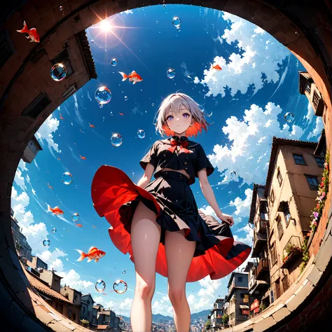 woman(student, 15 years old, ＪＫ, Short silver hair floating, Space-colored eyes, school black uniform, Pale skin, Tired face、lack of shine in the eyes) Looking up at the sky, (Many shiny red scale goldfish swimming in the air), (Transparent bubbles, like t...