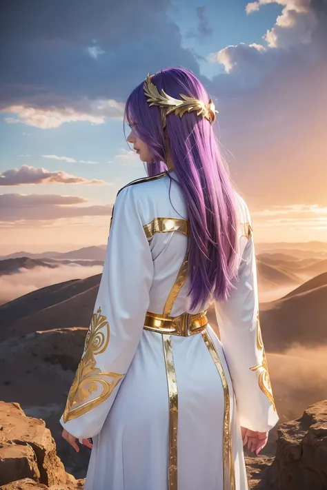 ((masterpiece, best quality, extremely detailed), volumetric lighting, ambient occlusion, colorful, glowing), 
1girl, solo, young girl, (purple hair), long hair, halo, aura, sacred, goddess, cleric suit, (white outfit with gold detailst:1.3), angel wings,
...