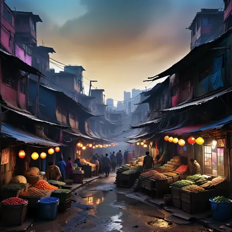 landscape, 景color, A slum-like market, color々Na people々, many aliens, building, Wide Shot, Semi-realistic, masterpiece, Sharp focus, Super detailed, Absurd, High resolution, Dynamic Lighting, Collapse, Dusty,