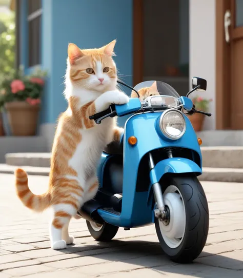 A very cute, sweet cat saying goodbye to its mother and the cat riding a motorbike in HD 8K 