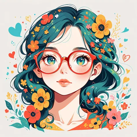 Black Star Red and White style, Simple Line Initialism，Abstract art，Urban Background, colorful hearts ,(((The most beautiful girl of all time))), Lips in love, stylish glasses