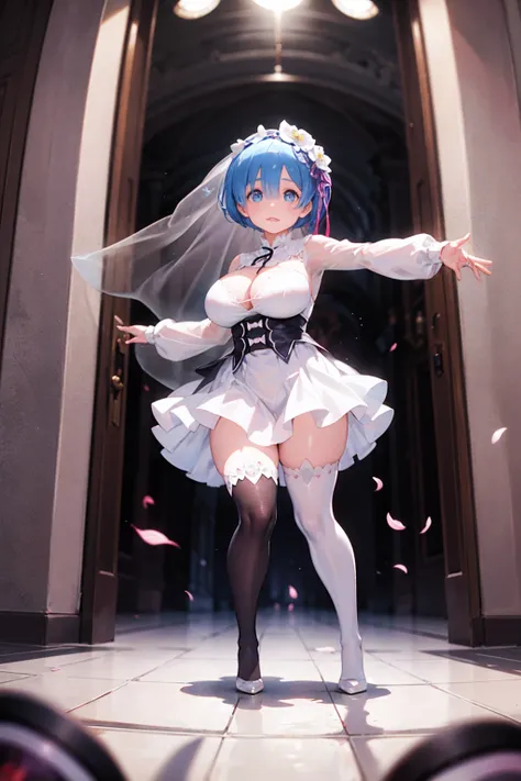 bride、church、Stained glass、((Long skirt))、pipe organ、((Reaching out))、((Throwing bouquets))、(((((Pure white wedding dress)))))、,(((((Fisheye Lens)))))、((Super huge breasts))、(((Plump thighs)))、(((Rem from Re:Zero)))、looking at the camera、High qualityHigh q...