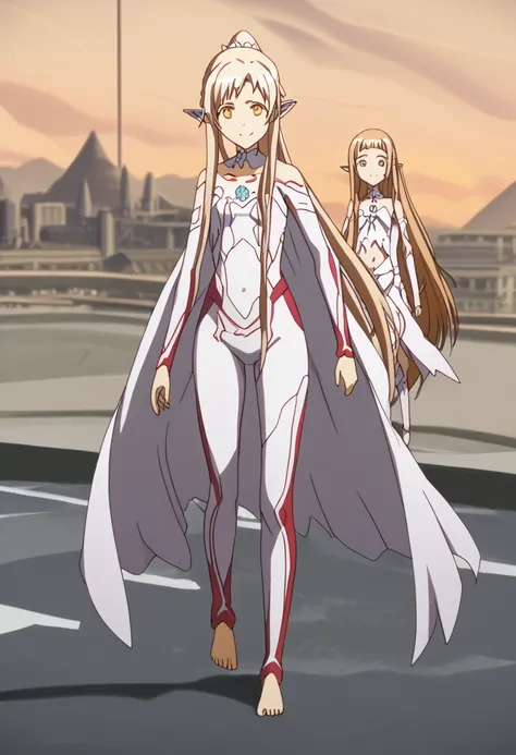 2girls, multiple girls, Two female characters,(mother and daughter:1.3), height difference, anime style, 4k quality, masterpiece, best quality, sword art online, "asuna is mother has height 150cm, long hair, white hair, very long hair, high ponytail, point...