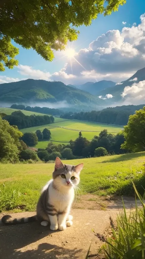 A dreamlike landscape。There are fluffy clouds spreading out、Soft light shines in。In the middle is a cute little cat.、The fur is soft and shiny like a dream.。The cat&#39;s eyes are large and round.、It shines like a shining star。Flowers of gentle colors bloo...