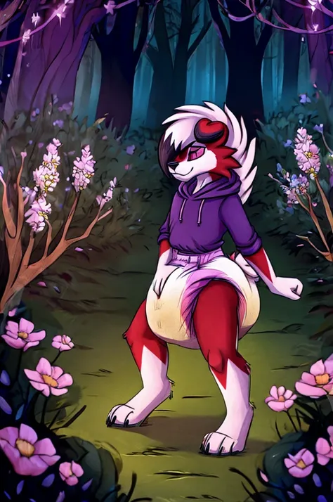 A lycanroc Midnight femboy wearing a dark purple sweatshirt and diaper with flowers standing in a dark magical forest inside a dirty and rotten swamp 