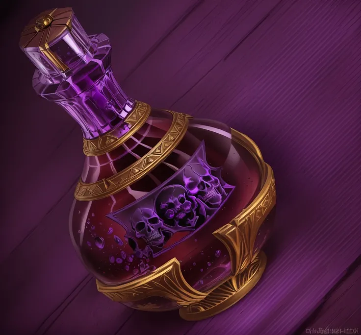 A scary looking poison bottle filled with purple liquid，Horror atmosphere，The outside of the bottle is inlaid with a gorgeous gold frame，Wooden stopper，The bottle has a worn skull label on it.，HD quality，High-quality posters，Game Icon，4K，