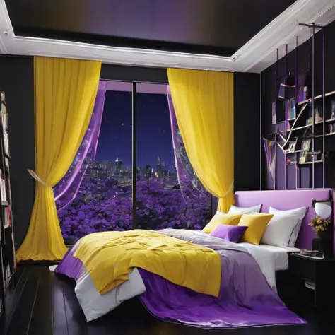 room, snug, streamer, Black color, purple, White, yellow, with bed, windowed, streamer room, black background