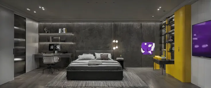 room, snug, streamer, Black color, purple, White, yellow, with bed, windowed, streamer room, 검은 background, background