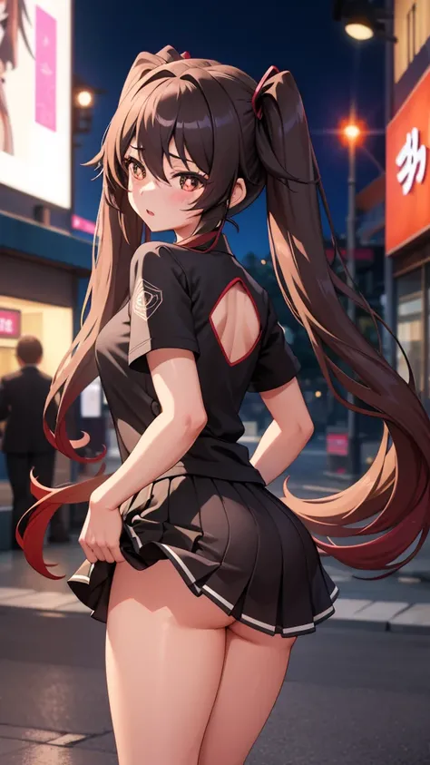 masterpiece, best quality, HuTaoV4, 1girl, solo, blush, twintails, long hair, hair between eyes, ((streetwear clothes)), city, outdoors, night, movie poster, extremely detailed 8K, smooth, high resolution, ultra quality, cinematic lighting, ambient occlusi...