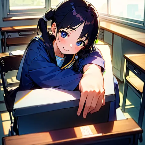 (best quality, masterpiece, highres),
a girl, 15yo,
sitting on chair, desk in classroom, (girl at desk:1.4),
low pigtails, (low twin tails:1.2), black hair,
navy blue , sailor uniform,
front,
gentle smile, Japan