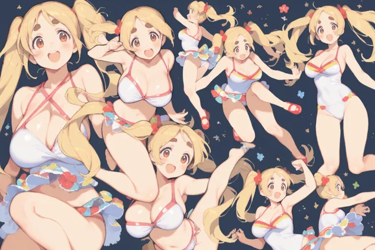 1girl, swimsuit, (thick eyebrows), tareme, big tits, blonde hair, very_long twin tails, jumping, (dancing), multiple views, tegaki