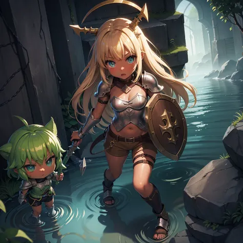 最high quality、high quality、Simple Cloth Armor、Chibi Girl Adventurer、Descend the maze stairs、brown shorts、Equipped with a dagger and a shield、In a dark maze、The body is being swallowed by slime