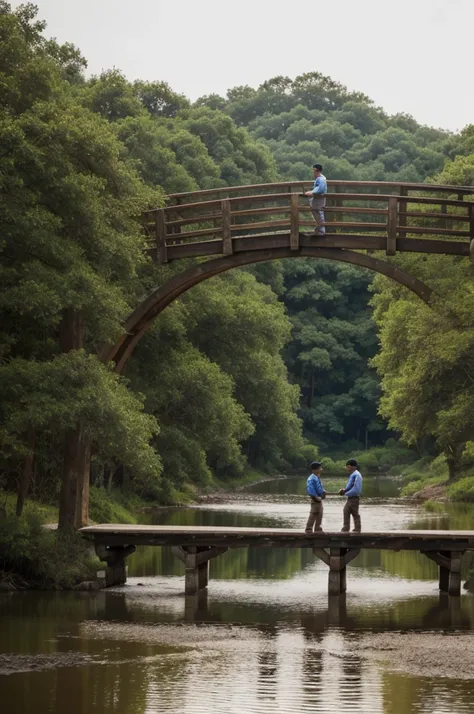 A rustic bridge over a calm river, with Ernesto and Ramiro shaking hands.