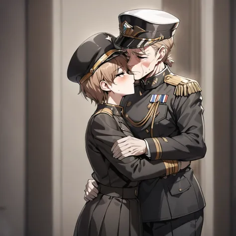 ((Highest quality)), ((masterpiece)), (detailed), （Perfect Face）、The woman is Princess Leona, with medium-long light brown hair, wearing a black military uniform and a military cap, and is standing upright with good posture while being hugged and kissed by...