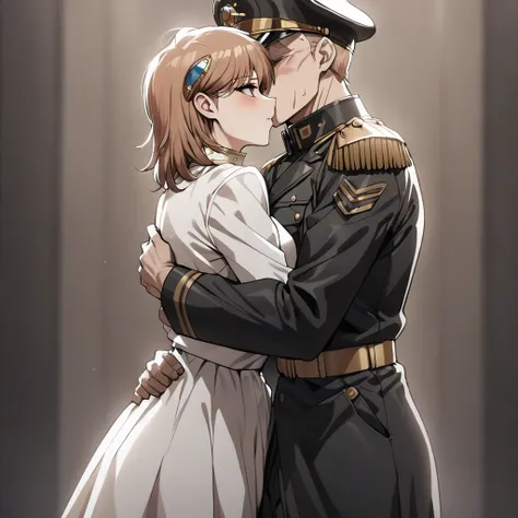 ((Highest quality)), ((masterpiece)), (detailed), （Perfect Face）、The woman is Princess Leona, with medium-long light brown hair, wearing a black military uniform and a military cap, and is standing upright with good posture while being hugged and kissed by...