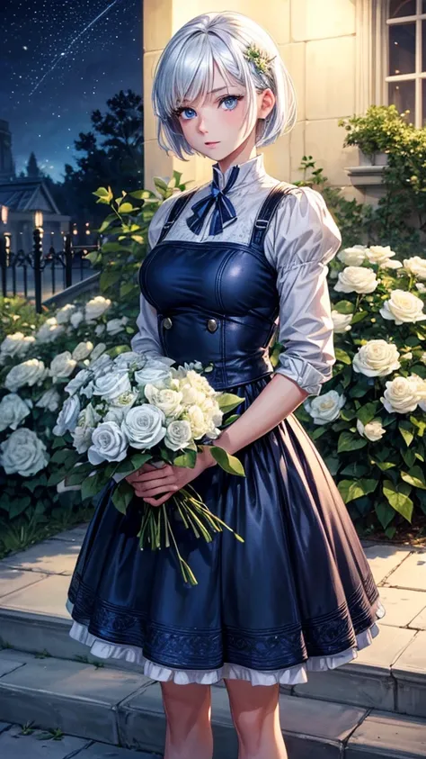 (best quality,high resolution,Super detailed,lifelike:1.2) ultra short white hair, tomboy hair, boyish hair, Blue shining eyes, large breasted, holding flower bouquet, standing in front a garden, night time