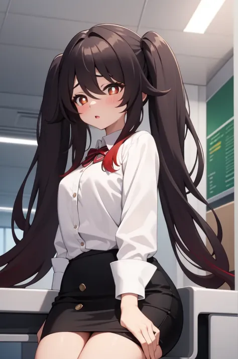 masterpiece, best quality, HuTaoV4, 1girl, solo, looking down, blush, long hair, twintails, multicolored hair, very long hair, hair between eyes, ((office lady, OL, pencil skirt, white shirt, button gap)), ((from below)), id card, office, desk, computer, s...