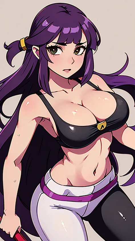 A sexy pirate girl with a big breast, long wavy purple hair, her brown eye, wears a green bra with a white stripe, shows a navel, a sexy wide curve, and tight black pants, a big thigh, a sensual red heel. 