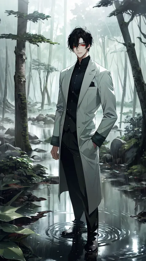 Anime-style male character standing in forest, (black hair:1.2), (gentle expression:1.1), red eyes, white noble outfit, (Standing in the middle of the forest with rainwater on the ground:1.3), sunlight reflecting on water, rain forest, subtle water splashe...