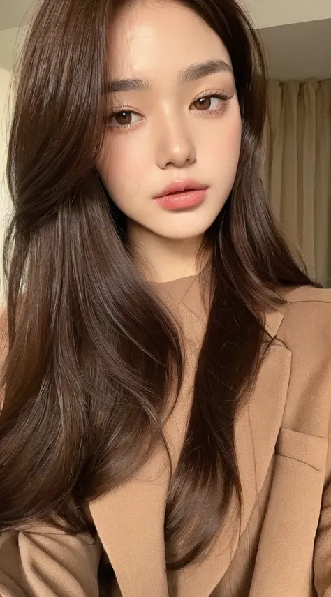 ((top quality, 8k, masterpiece: 1.3)), beautiful woman, 1 woman, slender figure: 1.1, dark brown hair, brown suit, super detailed face, detailed lips, detailed eyes, double eyelids, back figure,