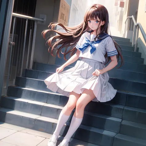 One Girl, Highest quality、Cinematic lighting、Sailor suit、Long skirt、Skirt lining、 going up the stairs、White panties、Station stairs、