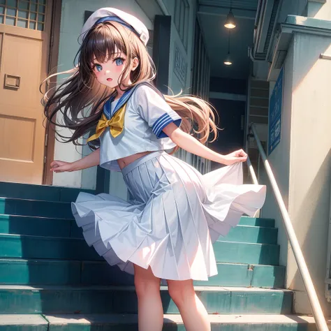 One Girl, Highest quality、Cinematic lighting、Sailor suit、Long skirt、Skirt lining、 going up the stairs、White panties、Station stairs、