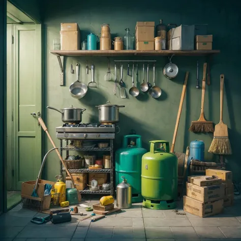 realistic photo, depicts and indoor setting with various household items. There are two green yellowis gas cylinders on the floor, a broom leaning against one of them, and a shelf above holding miscellaneous items including boxes and what appears to be a c...