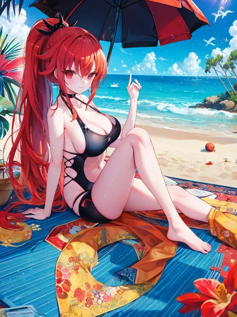 Parasol, food, basket, flip flops, vinyl sheet, Beaches and sands, Calm expression, Perfect hands, elder, Red Hair, The dignity of a 50-year-old, 落ち着きのあるwoman, solo、(Highly detailed background:1.0)、(Highly detailed background:1.0)、masterpiece、Highest quali...