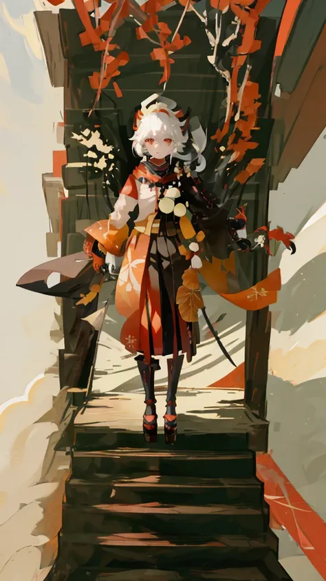 "Kaedehara Manyo from Genshin，best qualityer，White hair and red dye，Black and white paneled kimono，Black handguards，Red eyes，Wrap a bandage around your right hand。"