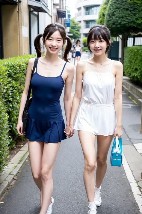 2 girls walking in sunny Japanese street,blue one-piece school swimsuit with white camisole straps and white trim,student bag,18-year-old,bangs,a little smile,thighs,knees,short hair with low pigtails,from before,front light