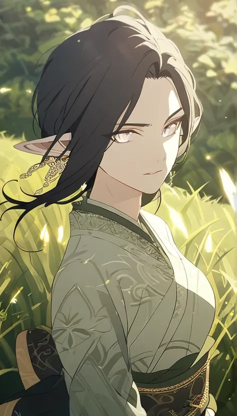 1man, elven ears, earth god, dark black hair, short fluffy hairstyle, glowing grey eyes, grass fields, thai style, elegant, traditional thai clothes,