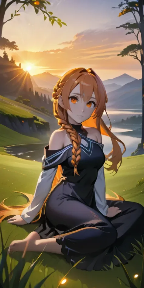 asuna yuuki (long hair, orange hair:1.3), fold hair, braid, orange eyes, breasts, epic art, fantasy, 1girl, grass, solo, barefoot, sitting, breasts, mountain, sunset, dress, bare_shoulders, outdoors, looking_at_viewer, off_shoulder, field, sky, lake, colla...