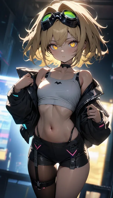 a handsome girl, solo, blond hair,  hair intakes, yellow eyes,(bright eyes:1.2), cyber punk black jacket, white tank top, goggles on head, [navel], off shoulder, open jacket, black shorts, garter rings, single leg pantyhose,
expressionless, blurry backgrou...